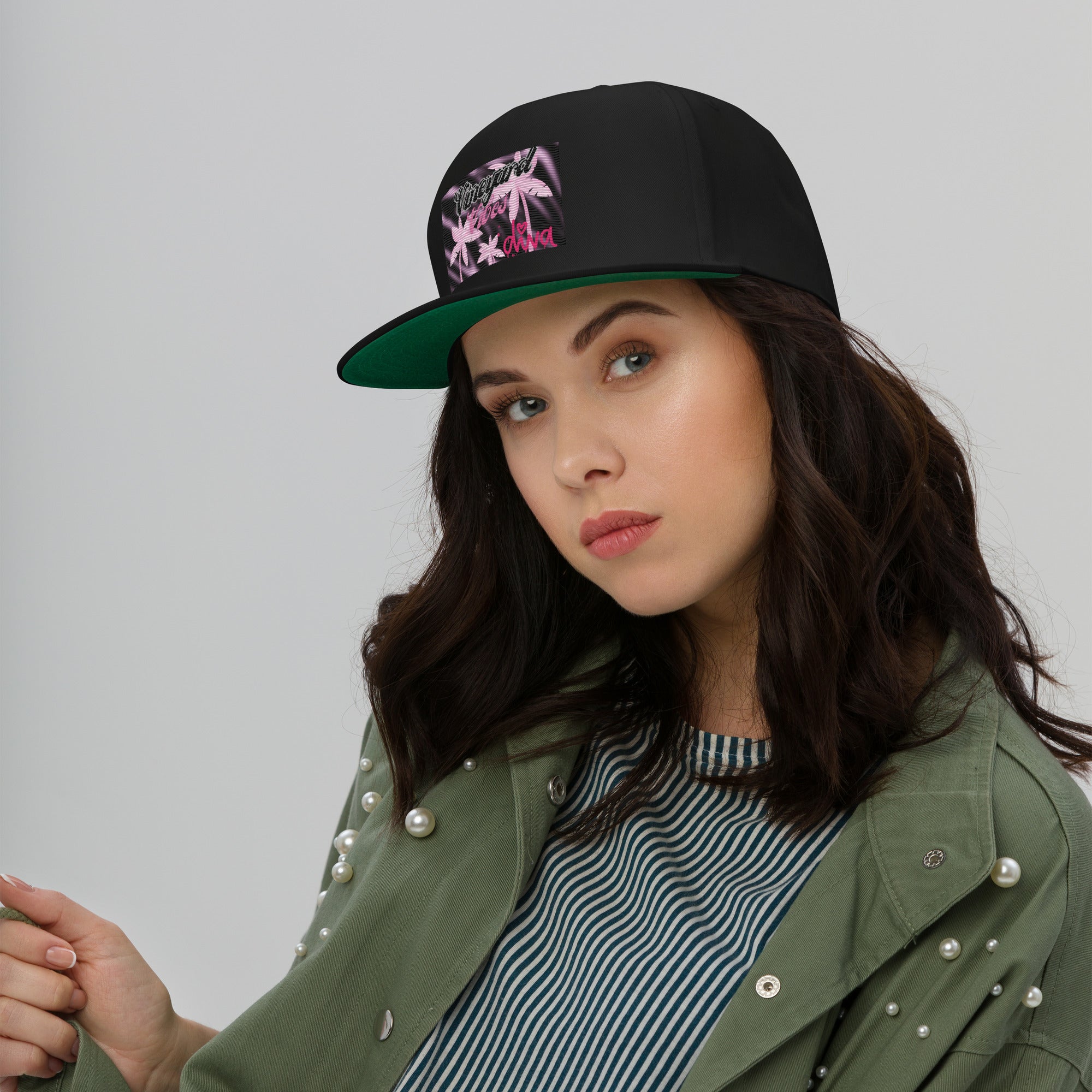 Vineyard Vibes Tropical Pink Palm Tree Diva - Flat Bill Cap Black